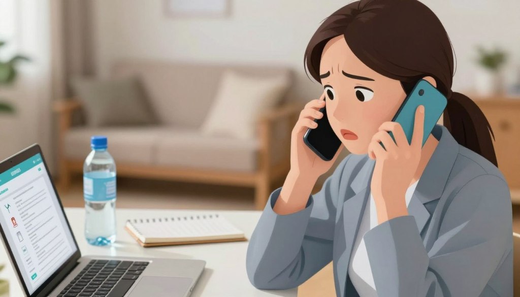 A close-up scene depicting a caregiver on a phone call, looking concerned yet focused, dressed in professional business attire, against a softly lit background of a cozy home office. In the foreground, their hand is positioned on the phone, the device displaying a medical app interface. The middle layer features a cluttered desk with a water bottle and notepad, and a laptop open with medical notes visible. The background gently fades into warm, inviting colors, suggesting a comfortable yet urgent atmosphere. The lighting is soft and natural, creating a sense of calm urgency, emphasizing the importance of quick phone triage in addressing dehydration concerns.