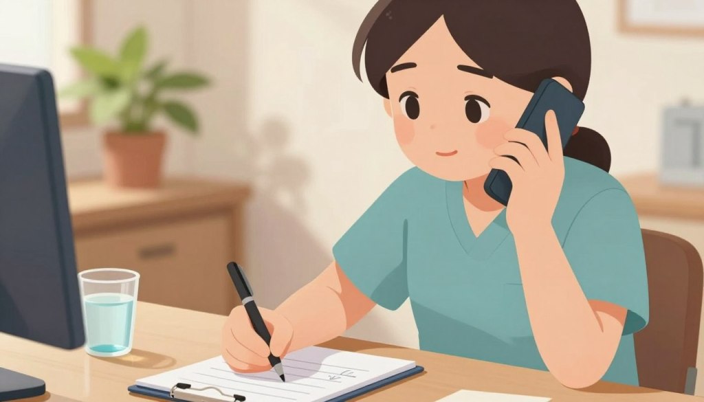 A close-up scene of a caregiver on a phone call, depicting a gentle and attentive expression. The caregiver, dressed in modest casual clothing, is sitting at a well-organized desk with a notepad and pen, capturing notes on signs of dehydration. In the foreground, a hand is holding the phone close to the ear, while the other hand is poised over the notepad, ready to jot down details. The background features soft, warm lighting that creates a calm and inviting atmosphere, with a potted plant and a cup of water visible, suggesting hydration importance. The overall mood is supportive and focused, ideal for showcasing attentive caregiving during a conversation.