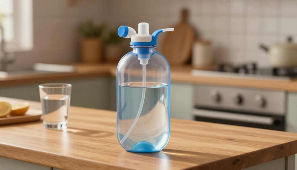 A close-up shot of a hydration bladder placed on a wooden kitchen counter, highlighting its sleek design and clear tubing. The bladder is partially filled with water, showing the importance of hydration. In the background, a softly blurred kitchen setting with warm ambient lighting creates a cozy atmosphere. A glass of water sits nearby, subtly indicating the necessity of fluids for health. The angle of the shot is slightly above, capturing both the bladder and the glass in a harmonious composition. The image conveys a sense of safety, comfort, and the importance of staying hydrated, while the overall mood remains inviting and minimalistic. A close-up shot of a hydration bladder placed on a wooden kitchen counter, highlighting its sleek design and clear tubing. The bladder is partially filled with water, showing the importance of hydration. In the background, a softly blurred kitchen setting with warm ambient lighting creates a cozy atmosphere. A glass of water sits nearby, subtly indicating the necessity of fluids for health. The angle of the shot is slightly above, capturing both the bladder and the glass in a harmonious composition. The image conveys a sense of safety, comfort, and the importance of staying hydrated, while the overall mood remains inviting and minimalistic.