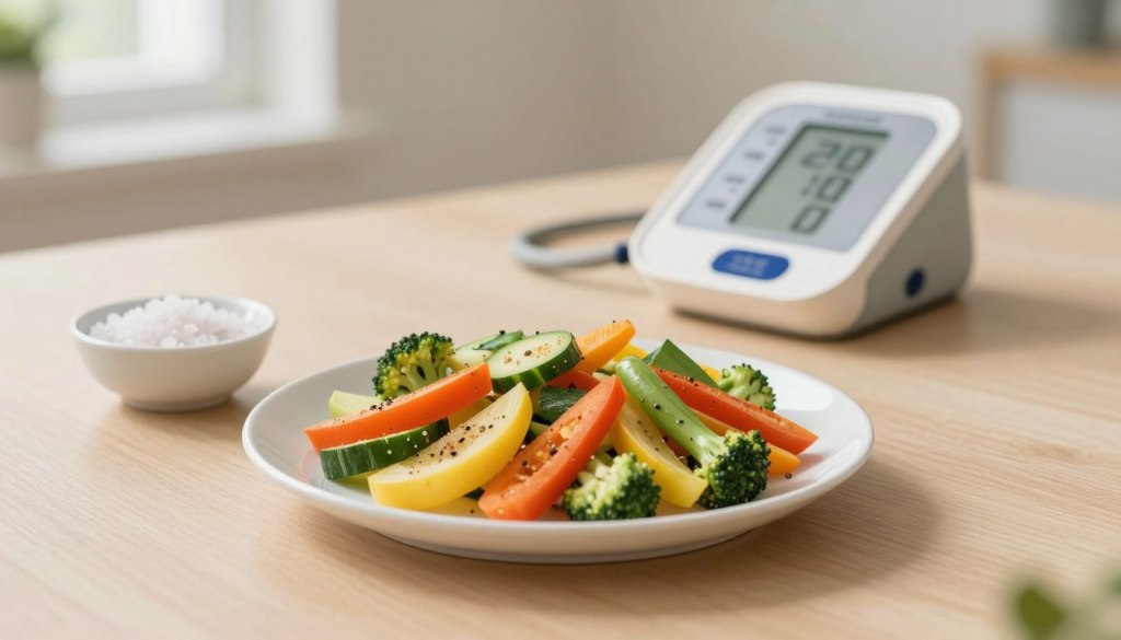A close-up table setting featuring a dish of lightly seasoned, colorful vegetables next to a small bowl of coarse sea salt, symbolizing moderation. In the background, a vintage-style blood pressure monitor subtly hints at health concerns. Soft, natural lighting filters through a nearby window, creating a warm atmosphere. The scene is composed from a slightly elevated angle, allowing the vibrant colors of the vegetables to pop against the neutral tones of the table. A minimalist aesthetic emphasizes clean lines and simplicity, encouraging a sense of calm and focus on healthy eating habits for seniors. The overall mood is inviting and informative, reflecting the importance of dietary choices for maintaining heart health.