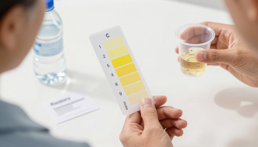 A close-up view of a clear plastic urine color chart set against a clean, white background, highlighting various shades of yellow to represent hydration levels. In the foreground, a caregiver’s hand, dressed in modest casual clothing, gently holds the chart, while another hand off-screen is holding a clear sample cup. The lighting is bright and natural, with soft shadows to enhance the chart’s details. In the middle ground, slightly blurred medical supplies such as a water bottle and a small hydration reminder note can be seen, conveying a sense of care. The overall atmosphere is warm and reassuring, emphasizing the importance of hydration checks for seniors. The image is composed simply yet effectively, ensuring clarity and focus on the urine color check. A close-up view of a clear plastic urine color chart set against a clean, white background, highlighting various shades of yellow to represent hydration levels. In the foreground, a caregiver’s hand, dressed in modest casual clothing, gently holds the chart, while another hand off-screen is holding a clear sample cup. The lighting is bright and natural, with soft shadows to enhance the chart’s details. In the middle ground, slightly blurred medical supplies such as a water bottle and a small hydration reminder note can be seen, conveying a sense of care. The overall atmosphere is warm and reassuring, emphasizing the importance of hydration checks for seniors. The image is composed simply yet effectively, ensuring clarity and focus on the urine color check.