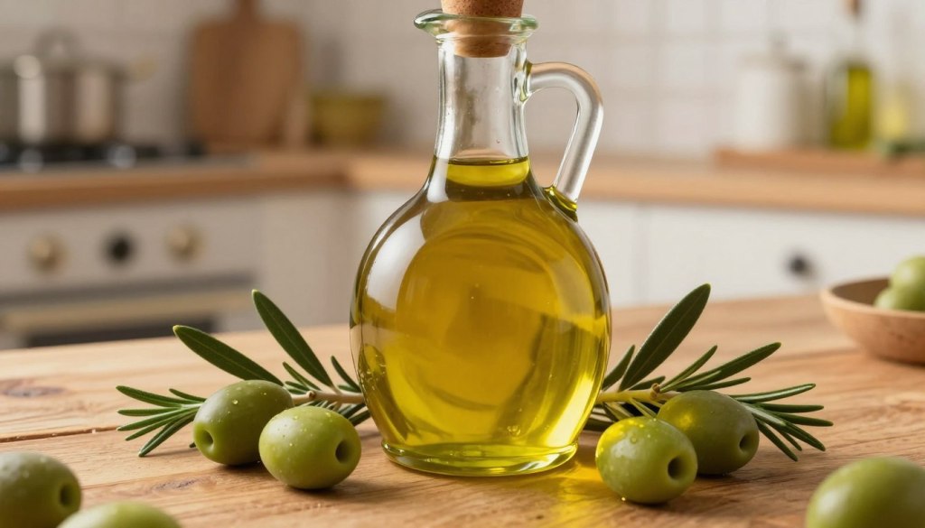 A close-up view of a glass bottle of golden olive oil, elegantly placed on a rustic wooden table. The bottle is surrounded by fresh green olives and a few sprigs of rosemary, emphasizing its natural origins. In the background, softly blurred, there are hints of a Mediterranean kitchen with warm lighting illuminating the scene, creating a cozy atmosphere. The image captures the smooth texture and rich color of the olive oil, with light reflecting off the surface, enhancing its inviting allure. Use a shallow depth of field to focus on the bottle and olives, evoking a sense of warmth and health, showcasing olive oil as a delightful flavor booster in cooking.