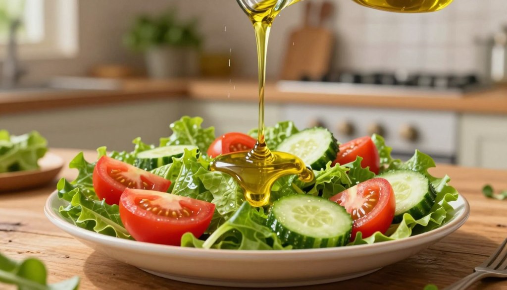 A close-up view of a glistening drizzle of high-quality olive oil cascading over a simple, vibrant salad composed of fresh greens, ripe tomatoes, and sliced cucumbers. In the foreground, the olive oil stream captures the light, creating a golden sheen, emphasizing its rich texture. The middle ground features the salad arranged artfully on a rustic wooden table, enhancing the wholesome feel. In the background, a softly blurred kitchen setting filled with hints of herbs and wooden utensils, suggesting a homey atmosphere. The lighting is warm and inviting, while the camera angle focuses on the olive oil to capture its movement and enhance the sense of richness, conveying a friendly and nourishing mood, perfect for a culinary article.