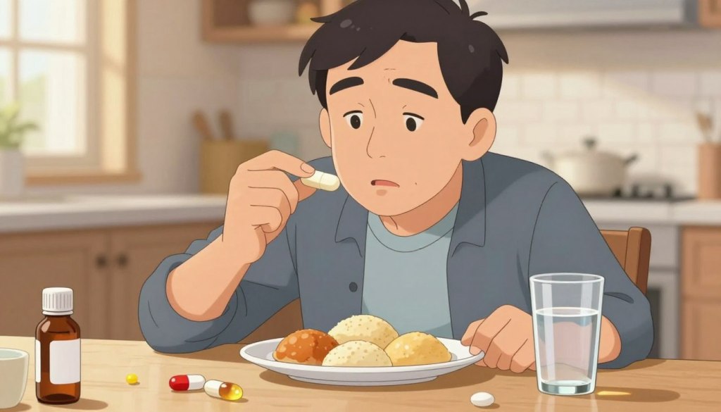 A close-up view of a middle-aged person sitting at a dining table, looking thoughtfully at a plate of soft foods and a glass of water. The subject is dressed in professional, modest clothing, conveying a sense of safety and comfort. In their hand, they hold a large capsule, gently tilting it towards their mouth. The background features a softly lit kitchen setting, with warm, inviting colors. A few scattered pills in various forms—liquids and soft gels—are placed on the table, emphasizing safe medication options. The scene is well-lit with natural light coming through a window, creating a calm atmosphere to highlight the importance of proper medication swallowing techniques. A gentle focus on the subject draws the viewer's attention to the action and intention behind safe swallowing practices. A close-up view of a middle-aged person sitting at a dining table, looking thoughtfully at a plate of soft foods and a glass of water. The subject is dressed in professional, modest clothing, conveying a sense of safety and comfort. In their hand, they hold a large capsule, gently tilting it towards their mouth. The background features a softly lit kitchen setting, with warm, inviting colors. A few scattered pills in various forms—liquids and soft gels—are placed on the table, emphasizing safe medication options. The scene is well-lit with natural light coming through a window, creating a calm atmosphere to highlight the importance of proper medication swallowing techniques. A gentle focus on the subject draws the viewer's attention to the action and intention behind safe swallowing practices.
