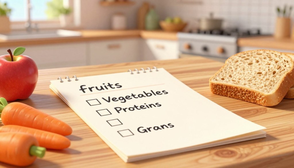 A close-up view of a neatly organized food checklist on a wooden table. The checklist is partially handwritten, emphasizing key nutritional categories such as fruits, vegetables, proteins, and grains, with checkboxes next to each item. Surrounding the checklist, there are a few colorful food items, such as apples, carrots, and whole grain bread, to symbolize healthy eating. In the background, a soft focus of a cozy kitchen, with warm, natural light streaming through a window, creates a welcoming atmosphere. The overall mood is friendly and supportive, reflecting care and concern for nutritional needs. The composition should evoke a sense of attentiveness and love, without any text labels or distractions.