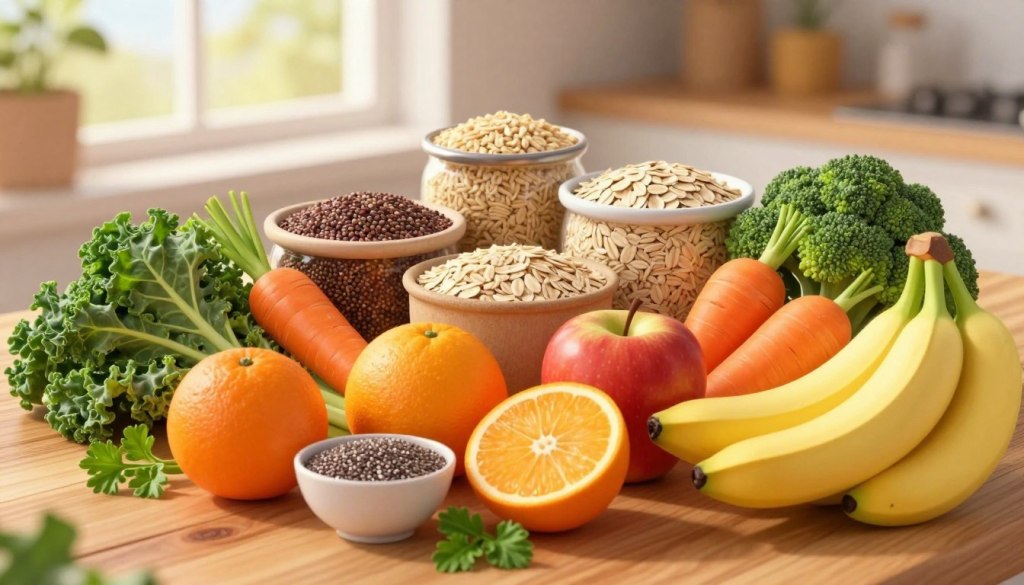 A close-up view of a variety of whole foods rich in dietary fiber, arranged artfully on a wooden table. The foreground showcases vibrant fruits like oranges, apples, and bananas alongside a mix of colorful vegetables such as kale, carrots, and broccoli. A small bowl of chia seeds and a few sprigs of fresh herbs add texture and detail. In the middle ground, include whole grains like quinoa and oats in rustic containers, highlighting their natural hues. In the background, soft, diffused natural light filters through a window, casting a warm glow over the scene, creating an inviting and healthy atmosphere. No human subjects are present, ensuring focus remains on the food.