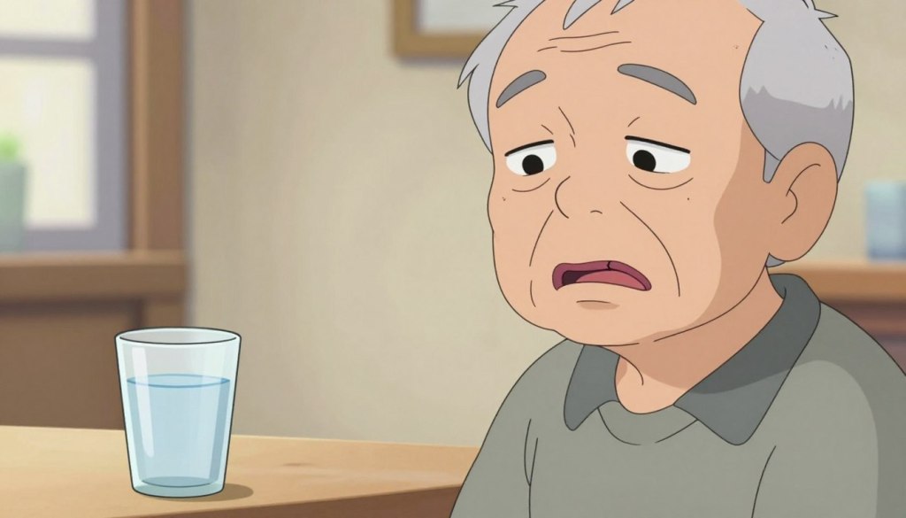 A close-up view of an elderly person exhibiting symptoms of severe dehydration, such as dry mouth, sunken eyes, and visibly cracked lips. The person, dressed in modest casual clothing, appears concerned and slightly disoriented, seated in a neutral, softly lit room. In the middle ground, a glass of water rests within reach but untouched, symbolizing the urgency of hydration. The background features a calming, blurred environment with warm tones to emphasize a sense of care and urgency without overwhelming the viewer. The lighting is natural and soft, casting gentle shadows that enhance the mood of concern and need for immediate attention, depicting a serious yet informative atmosphere. A close-up view of an elderly person exhibiting symptoms of severe dehydration, such as dry mouth, sunken eyes, and visibly cracked lips. The person, dressed in modest casual clothing, appears concerned and slightly disoriented, seated in a neutral, softly lit room. In the middle ground, a glass of water rests within reach but untouched, symbolizing the urgency of hydration. The background features a calming, blurred environment with warm tones to emphasize a sense of care and urgency without overwhelming the viewer. The lighting is natural and soft, casting gentle shadows that enhance the mood of concern and need for immediate attention, depicting a serious yet informative atmosphere.