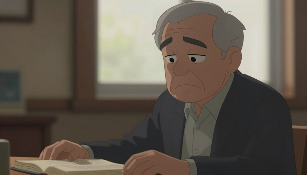 A close-up view of an elderly person sitting alone at a dimly lit table, with a slight frown and a distant gaze, conveying a sense of isolation due to vision impairment. In the foreground, their hands rest on a blurred book, representing the struggle with reading and comprehension. The middle ground shows soft shadows creating a warm yet melancholic atmosphere, while the background features an out-of-focus window with gentle daylight streaming in, symbolizing the outside world they feel disconnected from. The composition captures a mood of quiet reflection and cognitive decline. Use soft, natural lighting to enhance emotion, with a shallow depth of field to draw focus on the subject's expression in a professional, modest casual outfit.