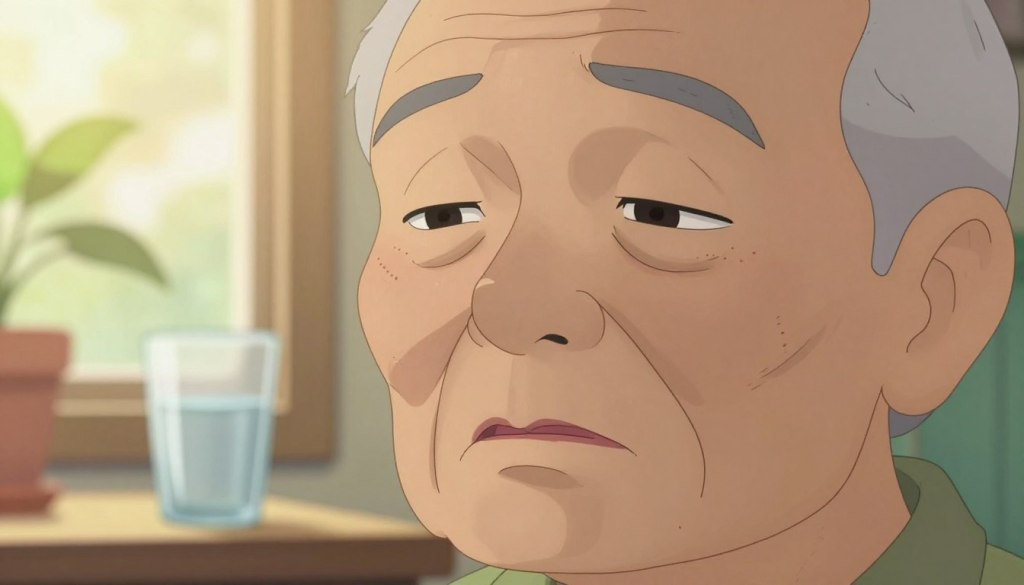 A close-up view of an elderly person's face showing visible signs of severe dehydration, such as sunken eyes, dry lips, and a weary expression. The foreground features detailed textures of the skin, emphasizing the dryness. In the middle ground, gently blurred out, are soft, natural colors that suggest a warm summer day, such as light golden sunlight filtering through, adding a gentle glow. The background is a faint impression of a sunlit room with simple elements like a glass of water and a shady plant, promoting a sense of urgency without distraction. The atmosphere is serious yet compassionate, focusing on the importance of recognizing these signs. Captured with a shallow depth of field, using soft lighting to highlight the subject's features without harsh contrasts, ensuring a professional and respectful presentation.