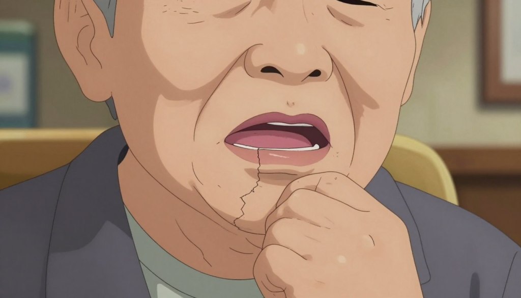 A close-up view of an elderly person's mouth showing signs of dry mouth symptoms. The scene captures the parched lips with visible cracks and a dry tongue, emphasizing discomfort and symptoms such as mouth dryness and difficulty swallowing. The elderly individual, dressed in modest casual clothing, looks thoughtfully concerned, with soft lighting highlighting their facial features. In the background, a blurred interior of a cozy home setting creates a warm atmosphere, conveying a sense of familiarity and care. Use a shallow depth of field to focus on the mouth while softly blurring the surroundings, ensuring a calming and informative mood. The overall composition should reflect a sense of urgency in recognizing these symptoms without any explicit elements.