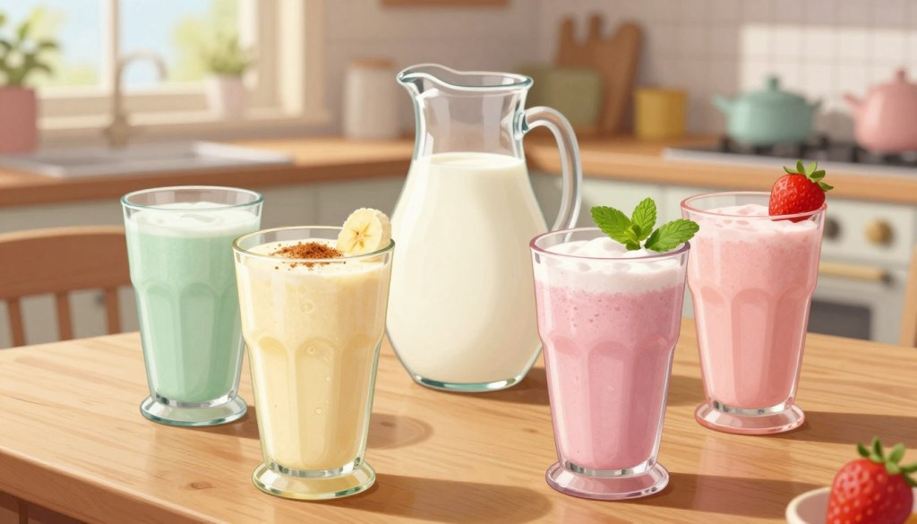 A collection of vibrant, creamy whole milk smoothies in various pastel-colored glasses, set on a wooden kitchen table. The foreground features two smoothies: one banana smoothie with a slice of banana and a sprinkle of cinnamon, and one strawberry smoothie topped with fresh mint leaves. In the middle, there's a pitcher of whole milk with a glass beside it, emphasizing the rich, creamy texture. The background showcases a softly blurred kitchen with warm, natural light pouring in through a window, creating an inviting and cozy atmosphere. The scene conveys a sense of warmth and nourishment, perfect for seniors looking for high-calorie drink options. The composition uses a shallow depth of field to keep attention on the smoothies while adding a hint of homey charm.