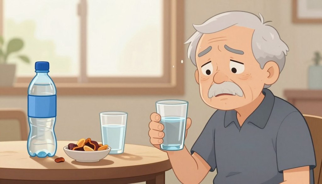 A composition depicting common signs of dehydration in older adults. In the foreground, an elderly person in professional casual attire, looking slightly fatigued and confused, holding a glass of water that is almost full. Their skin appears dry and slightly wrinkled, emphasizing the effects of dehydration. In the middle ground, a close-up of a table featuring signs of dehydration, like a half-empty water bottle, a bowl of dried fruit, and a glass of clear water, capturing a sense of unease. The background should be softly lit with warm, natural light streaming through a window, creating a comforting yet serious atmosphere. Capture the mood of concern and awareness surrounding senior health.
