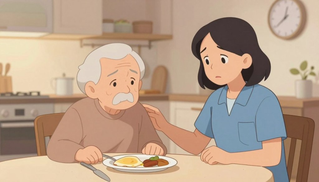 A concerned caregiver gently observes an elderly individual sitting at a dining table, which is set with a minimalistic meal, featuring a half-eaten plate of food. In the foreground, the caregiver, dressed in smart casual attire, shows a look of empathy and attention, ready to offer support. In the middle ground, an empty chair suggests the presence of additional family members, invoking a sense of loss or absence. The background captures a warm, softly lit kitchen setting with delicate details such as a clock that indicates the late hour, hinting at an overlooked meal. The overall mood is one of concern and care, illustrating the seriousness of the situation while maintaining a hopeful atmosphere suggesting the importance of connection and well-being.