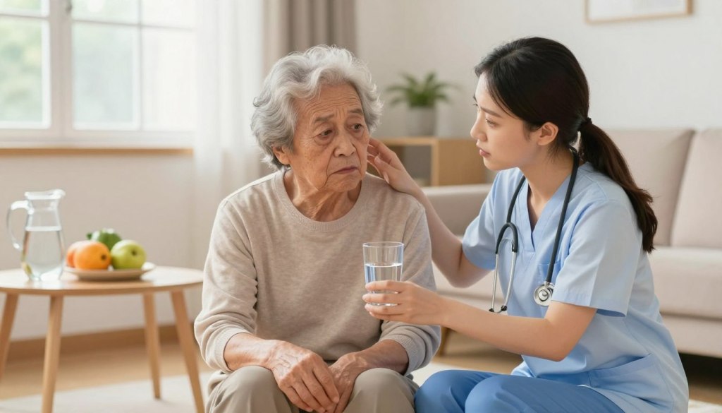A concerned caregiver observing an older adult displaying early dehydration symptoms. The older adult has dry lips and slightly sunken eyes, sitting in a well-lit, comfortable living room setting. The caregiver, wearing modest casual clothing, kneels beside the individual, offering a glass of water with a look of compassion on their face. In the background, soft natural light filters through a window, illuminating a small table with a pitcher of water and a few fresh fruits to reinforce hydration. The atmosphere is warm and caring, conveying the importance of attention and support for the elderly. Focus on the expressions of concern and empathy between the caregiver and senior.