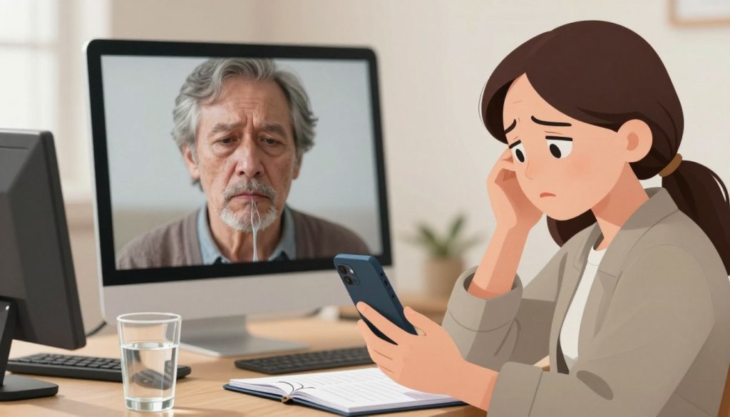 A concerned caregiver sitting at a desk holding a smartphone, showing worry on their face, dressed in smart casual clothing. In the foreground, the caregiver’s hands hold the phone close to their face with an open notepad and a glass of water beside them, capturing the essence of long-distance caregiving. In the middle background, a blurred image of an older adult appears on the phone screen, looking slightly fatigued, with signs of dehydration, like dry lips and a tired expression. The lighting is soft and warm, embodying a sense of urgency and compassion, as if emphasizing the importance of attentive caregiving. The atmosphere is calm yet serious, reflecting the subtlety of recognizing dehydration symptoms from afar.