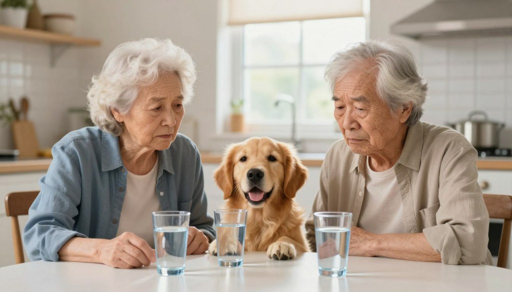 A concerned elderly couple sitting at a dining table, both dressed in modest, casual clothing, surrounded by several full glasses of water. The foreground shows their worried expressions as they glance at the glasses, conveying a sense of overhydration. In the middle, a cheerful golden retriever rests beside them, bringing a warm touch to the scene. The background features a soft-lit kitchen setting, with sunlight streaming through a window, creating a calm and inviting atmosphere. The image captures the essence of the issue of overhydration in seniors, blending realism with approachability, while maintaining a focus on wellness and hydration awareness.