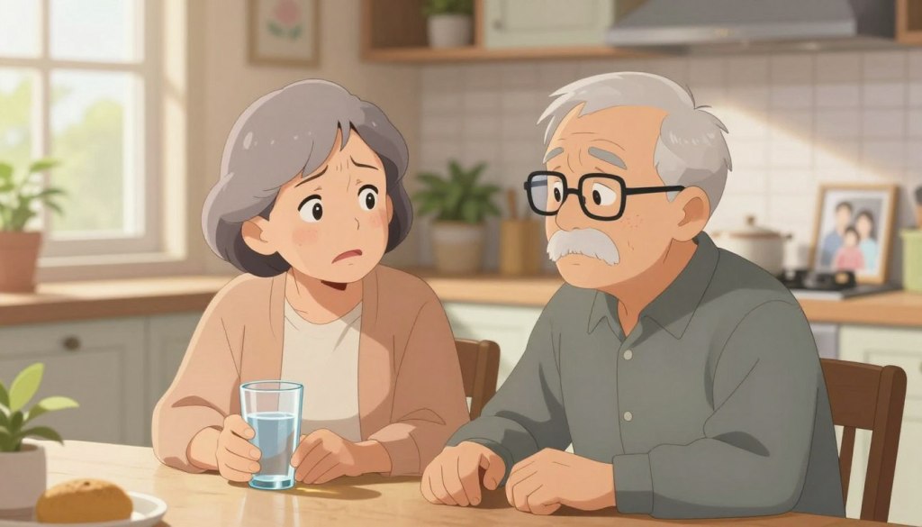 A concerned elderly couple sitting at a dining table, the woman gently holding a glass of water, looking uneasy, while the man, with gray hair and glasses, gazes thoughtfully at her. Their expressions showcase the effects of dehydration, emphasizing concern and vulnerability. The scene is warmly lit by soft, natural light filtering through a nearby window, casting gentle shadows and creating an inviting atmosphere. The background features a cozy kitchen with plants and a few personal items like framed family photos, adding a homey touch. The focus is sharp on their faces to highlight the emotional connection, captured from a slightly elevated angle to provide depth while maintaining a friendly, supportive mood. A concerned elderly couple sitting at a dining table, the woman gently holding a glass of water, looking uneasy, while the man, with gray hair and glasses, gazes thoughtfully at her. Their expressions showcase the effects of dehydration, emphasizing concern and vulnerability. The scene is warmly lit by soft, natural light filtering through a nearby window, casting gentle shadows and creating an inviting atmosphere. The background features a cozy kitchen with plants and a few personal items like framed family photos, adding a homey touch. The focus is sharp on their faces to highlight the emotional connection, captured from a slightly elevated angle to provide depth while maintaining a friendly, supportive mood.