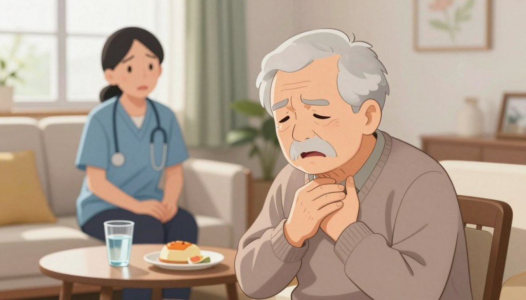 A concerned elderly person in a modest living room setting, with soft natural light streaming through a window, depicting symptoms of aspiration pneumonia. In the foreground, focus on the senior, dressed in comfortable, casual attire, gently holding their throat, showcasing discomfort. The middle layer includes a small table with a glass of water and a half-eaten soft food meal, symbolizing swallowing difficulties. In the background, a caregiver is observing with a look of concern, dressed in professional attire, creating an atmosphere of support. The overall mood is serious yet caring, emphasizing the importance of monitoring health complications in seniors, with warm tones to convey empathy and urgency. A concerned elderly person in a modest living room setting, with soft natural light streaming through a window, depicting symptoms of aspiration pneumonia. In the foreground, focus on the senior, dressed in comfortable, casual attire, gently holding their throat, showcasing discomfort. The middle layer includes a small table with a glass of water and a half-eaten soft food meal, symbolizing swallowing difficulties. In the background, a caregiver is observing with a look of concern, dressed in professional attire, creating an atmosphere of support. The overall mood is serious yet caring, emphasizing the importance of monitoring health complications in seniors, with warm tones to convey empathy and urgency.