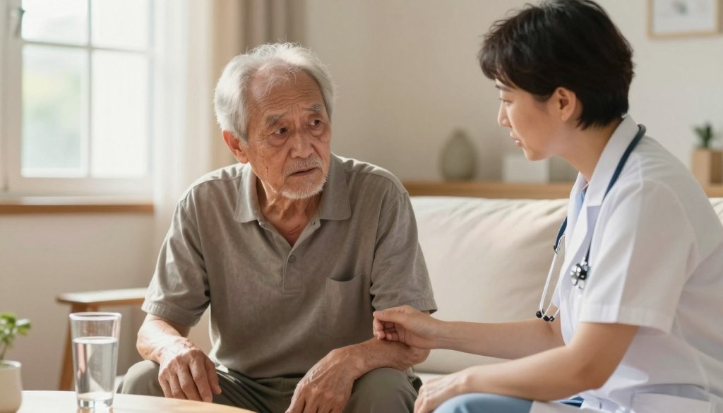 A concerned healthcare professional observes an elderly man sitting in a sunlit home environment, exhibiting signs of severe dehydration. The man, dressed in modest casual clothing, appears fatigued with dry, cracked lips and sunken eyes, while his skin shows signs of elasticity loss. In the foreground, a glass of water sits on a small table next to him, symbolizing the importance of hydration. The background features soft, warm lighting from a nearby window, enhancing the atmosphere of care and concern. The angle captures both the professional's empathetic expression and the man's discomfort, emphasizing the urgency of recognizing dehydration symptoms in older adults. The overall mood is serious yet compassionate, inviting viewers to understand the critical nature of the situation.