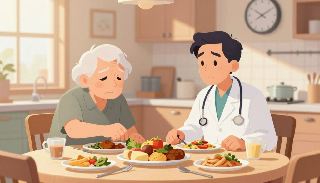 A concerned healthcare professional watches as an elderly person, dressed in modest casual clothing, reaches for food at a dining table cluttered with an overabundance of dishes. The elderly individual, appearing dazed and slightly confused, is surrounded by a warm, inviting kitchen, painted in soft pastel colors. Sunlight filters through a nearby window, casting a gentle glow on the scene, highlighting the contrasting emotions of hunger and forgetfulness. In the background, a wall clock shows a late time, suggesting a missed meal, while a plate piled high with food emphasizes the theme of overeating. The overall atmosphere should evoke compassion and urgency, illustrating the challenges of managing eating behaviors in seniors.