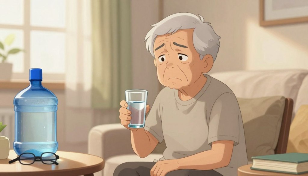 A concerned older adult in modest casual clothing, sitting in a comfortable, softly lit living room, looking slightly bewildered while holding a glass of water. Their skin is slightly wrinkled, reflecting wisdom and age. Nearby, a table holds a half-filled water pitcher, emphasizing hydration. In the background, a gentle sunlight filters through sheer curtains, casting a warm glow across the room, enhancing a sense of comfort. Subtly displayed are items like reading glasses and a book, symbolizing typical daily life. The mood is gentle, highlighting the importance of hydration while also conveying a sense of concern and care. The angle focuses on the individual, capturing emotion and the surrounding environment while avoiding any distractions. A concerned older adult in modest casual clothing, sitting in a comfortable, softly lit living room, looking slightly bewildered while holding a glass of water. Their skin is slightly wrinkled, reflecting wisdom and age. Nearby, a table holds a half-filled water pitcher, emphasizing hydration. In the background, a gentle sunlight filters through sheer curtains, casting a warm glow across the room, enhancing a sense of comfort. Subtly displayed are items like reading glasses and a book, symbolizing typical daily life. The mood is gentle, highlighting the importance of hydration while also conveying a sense of concern and care. The angle focuses on the individual, capturing emotion and the surrounding environment while avoiding any distractions.