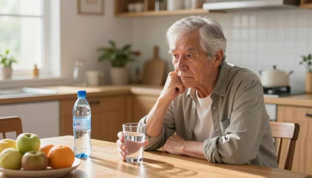 A concerned older adult sitting at a kitchen table, gently holding a glass of water, gazing thoughtfully. The person, a Caucasian male with gray hair, is wearing modest casual clothing, conveying a sense of contemplation. In the foreground, the glass reflects the soft morning light streaming through a nearby window, emphasizing the importance of hydration. In the middle, various hydration reminders, such as a half-empty water bottle and fruits, are scattered around the table. The background captures a cozy kitchen with warm wooden tones, plant accents, and sunlight filtering in, creating an inviting atmosphere. The overall mood conveys both a sense of urgency and care, highlighting the significance of staying hydrated as one ages. The image is bright and clear, with natural lighting to enhance the emotional connection.