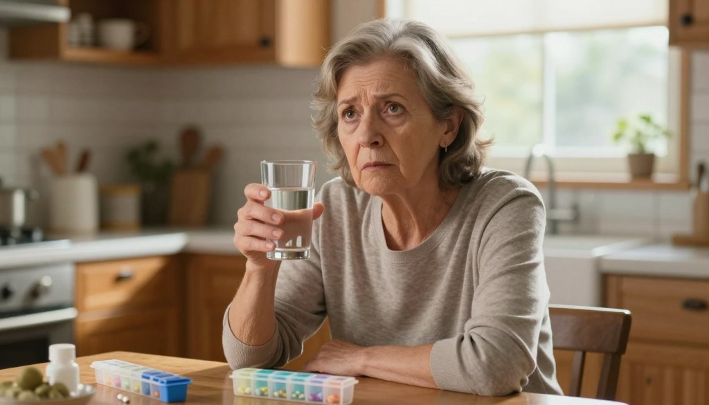 A concerned older adult woman, wearing comfortable casual clothing, holds a glass of water in her hand, looking thoughtfully towards the viewer. She is seated at a kitchen table, surrounded by a few health-related items like a pill organizer and a hydration reminder chart. The background features a softly-lit kitchen with warm wood tones and gentle sunlight filtering through a window, creating a calm and inviting atmosphere. The focus is on her expressive face, capturing her concern about hydration. The scene conveys a mood of urgency yet hope, emphasizing the importance of staying hydrated. Use natural lighting for a soft, realistic texture, and capture the image with a slight depth of field to enhance the emotional connection.
