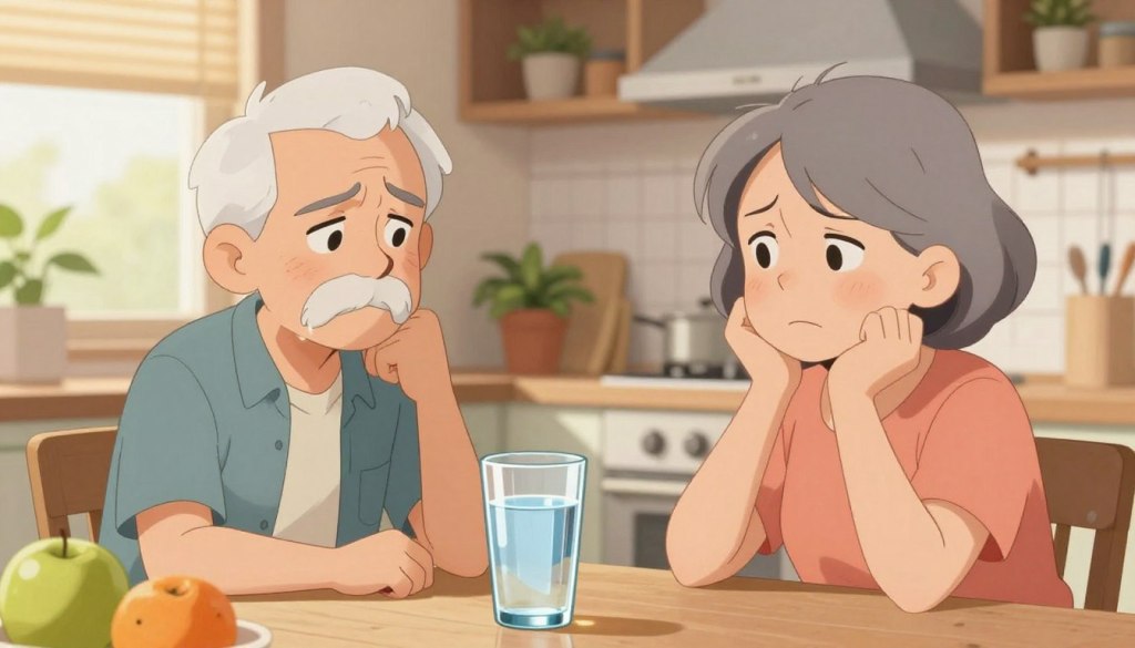 A concerned senior man and woman, dressed in modest, casual clothing, sitting at a kitchen table with a glass of water and fruits nearby, reflecting on the importance of hydration. The foreground features their worried expressions, showing the risks of dehydration with furrowed brows. In the middle ground, the glass of water glistens under soft, warm lighting, emphasizing its importance. The background is a cozy, well-lit kitchen with plants and warm colors, creating a homey atmosphere. The angle captures the seniors engaging with each other, suggesting a friendly conversation about health risks. The overall mood is serious yet caring, conveying the urgency of staying hydrated while also remaining hopeful and supportive.