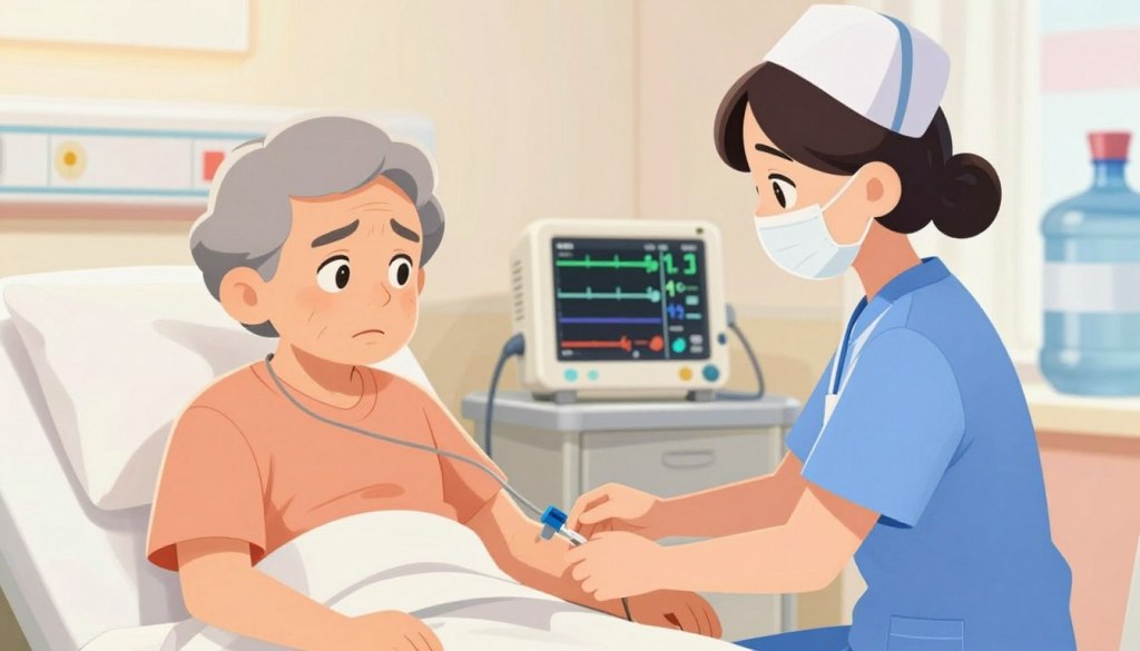 A concerned senior person sitting in a bright, well-lit hospital room, looking slightly frail and fatigued, depicting the reality of severe dehydration complications. In the foreground, a nurse gently checking the senior's vitals, dressed in professional scrubs, conveying a sense of care and urgency. In the middle ground, a medical monitor displaying vital signs and a water jug partially visible, emphasizing the theme of hydration. The background features soft-focus hospital equipment and calming pastel-colored walls, creating a warm yet serious atmosphere. Soft, natural light filters in through a window, adding a sense of hope despite the situation. The image should evoke empathy and highlight the importance of addressing dehydration in seniors.