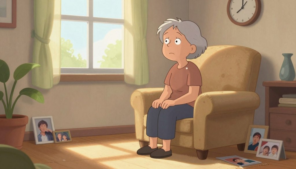 A contemplative older adult woman, dressed in modest casual clothing, sits alone in a sunlit living room filled with soft, warm colors. She gazes thoughtfully out of a window, where gentle sunlight streams in, casting long shadows on the floor. Surrounding her are remnants of a cozy life—a well-worn armchair, a scattering of family photographs, and a potted plant. In the background, a clock softly ticks, emphasizing the passage of time. The atmosphere feels serene yet tinged with an emotional weight, capturing the sense of isolation and vulnerability that can accompany loneliness. The scene is lit softly, with a focus on her expressive face, highlighting both her solitude and the unspoken concern for her safety and well-being. The image conveys a poignant sense of reflection and the quiet struggle of loneliness.
