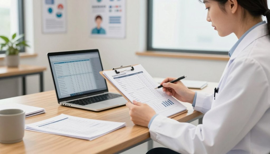 A contemporary office environment with a focus on a wooden desk in the foreground, where a healthcare professional is reviewing cognitive screening results. The professional, dressed in a crisp white lab coat over smart, modest clothing, studies a clipboard filled with neatly organized score sheets and graphs, interpreting the data. In the middle ground, a laptop is open with a digital chart displayed, while documents are lightly scattered across the desk. The background reveals a soft-focused wall with inspirational health posters and a potted plant, ensuring a calm, professional atmosphere. Natural light streams in from a large window, creating a warm and inviting ambiance. The overall mood is one of reassurance, professionalism, and clarity in assessing cognitive health.
