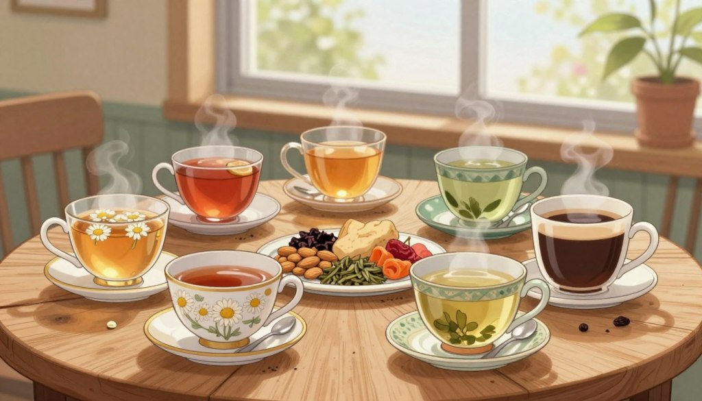 A cozy and inviting café table setting featuring an array of tea and coffee options ideal for older adults. In the foreground, a beautifully arranged selection of herbal teas in delicate porcelain cups, with options like chamomile and green tea alongside a steaming mug of light roast coffee. In the middle, a rustic wooden table adorned with a small plate of healthy snacks, such as almonds and dried fruit, enhancing the wellness theme. The background features soft natural light filtering through a large window, illuminating the scene and creating a warm atmosphere. The overall mood is friendly and soothing, emphasizing health and comfort. No people are present, allowing the focus to remain on the beverage choices.