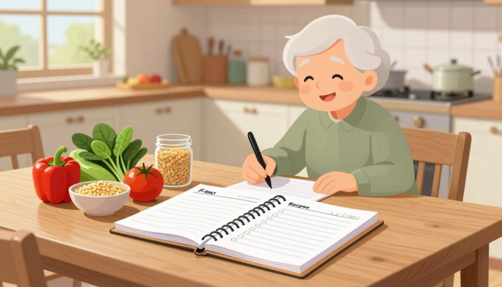 A cozy and inviting kitchen scene depicting a meal planning setup on a wooden dining table. In the foreground, a neatly arranged planner and colorful fresh vegetables like bell peppers, spinach, and tomatoes, alongside whole grains and lean proteins, illustrate healthy meal options. In the middle ground, a cheerful older adult, dressed in a modest casual outfit, notes down recipes and enjoys the process of planning meals. The background shows a softly lit kitchen with light streaming in from a window, greenery visible outside, creating a warm and welcoming atmosphere. Emphasize a mood of positivity and health, capturing the essence of easy and enjoyable meal planning for seniors.