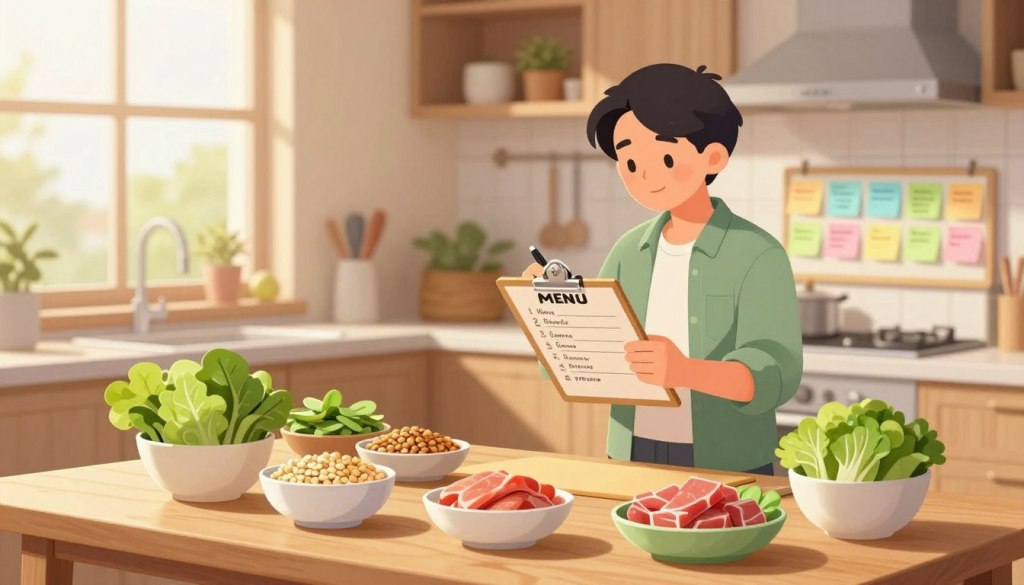 A cozy and inviting kitchen scene, showcasing a meal planning board filled with colorful sticky notes and a weekly menu. In the foreground, a wooden table displays fresh, healthy ingredients like leafy greens, whole grains, and lean proteins, arranged neatly in bowls. The middle section features a professional-looking individual, dressed in modest casual clothing, carefully jotting down meal ideas on a clipboard, with a focus on nutrition. The background reveals warm, soft lighting that enhances the homey atmosphere, while a large window allows natural light to flood the space, highlighting the freshness of the ingredients. The overall mood is friendly, approachable, and organized, perfect for promoting simple, nutritious meal planning.