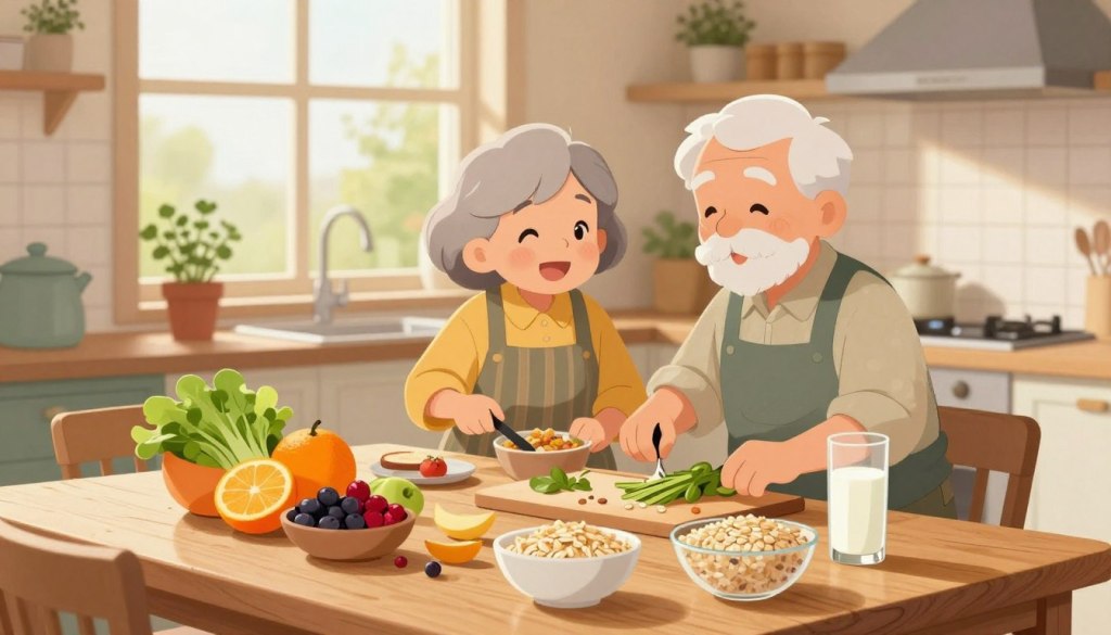 A cozy and inviting kitchen setting, with a wooden table at the forefront displaying a healthy array of foods rich in nutrients important for older adults. Include vibrant fruits like oranges and berries, green leafy vegetables, whole grains like oatmeal, and a glass of milk. In the middle, a friendly older adult couple, dressed in modest casual clothing, joyfully preparing meals together, conveying a sense of care and community. The background features soft natural light streaming through a window, illuminating the scene, with potted herbs on the windowsill adding a touch of greenery. The overall atmosphere is warm and nurturing, emphasizing the importance of nutrition in a peaceful, homely environment.