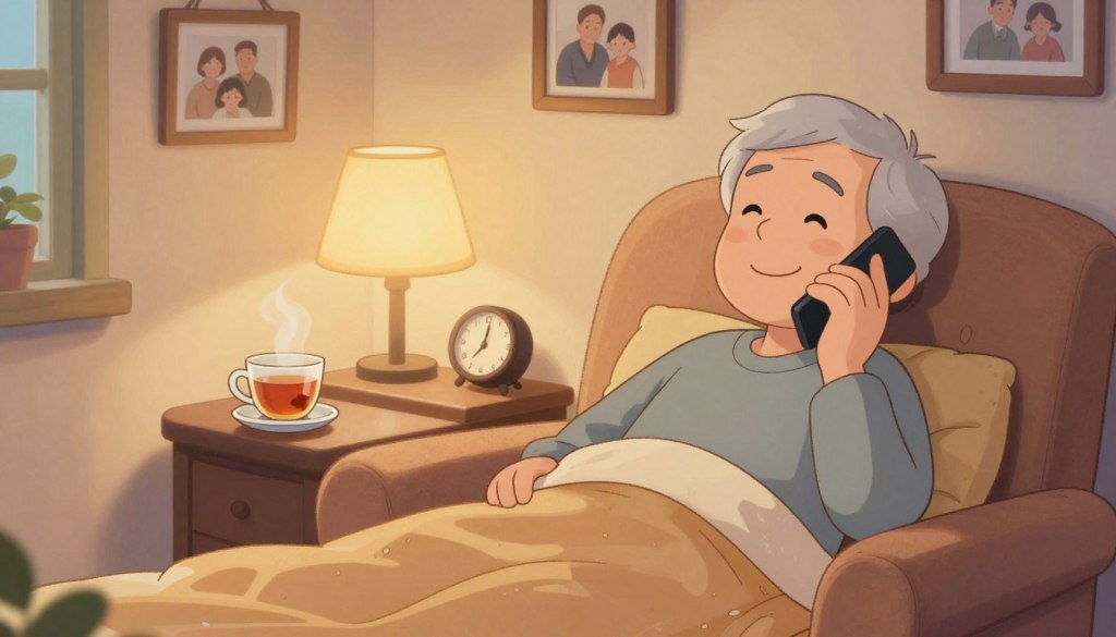 A cozy and inviting living room scene depicting an older adult engaged in a bedtime phone call. In the foreground, a warm-colored armchair is surrounded by soft blankets and a plush pillow. The middle of the composition features a side table with a steaming cup of herbal tea and a small clock showing a gentle hour, suggesting relaxation. In the background, a softly-lit lamp casts a warm glow, enhancing the calm atmosphere. Framed family photos adorn the walls, symbolizing connection. The mood exudes comfort and tranquility, capturing the essence of winding down at night. The lighting is soft and natural, evoking a sense of security and peace, while the angle offers a view of the person’s gentle smile as they engage in an uplifting conversation.