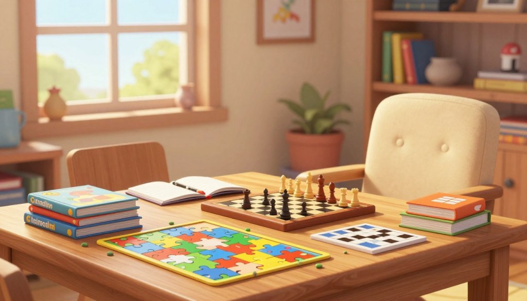 A cozy and inviting study room, filled with soft, warm lighting that creates a welcoming atmosphere. On a wooden table in the foreground, a variety of games and puzzles are neatly arranged—include a colorful jigsaw puzzle, a stack of crossword books, and a game of chess in mid-game. In the middle ground, a comfortable armchair is positioned near a large window, allowing natural light to stream in, with several books and a notepad scattered around. The background features shelves lined with books and decorative items related to brain games and learning. The overall mood is cheerful and motivating, showcasing a space perfect for intellectual engagement and leisure activities. A cozy and inviting study room, filled with soft, warm lighting that creates a welcoming atmosphere. On a wooden table in the foreground, a variety of games and puzzles are neatly arranged—include a colorful jigsaw puzzle, a stack of crossword books, and a game of chess in mid-game. In the middle ground, a comfortable armchair is positioned near a large window, allowing natural light to stream in, with several books and a notepad scattered around. The background features shelves lined with books and decorative items related to brain games and learning. The overall mood is cheerful and motivating, showcasing a space perfect for intellectual engagement and leisure activities.