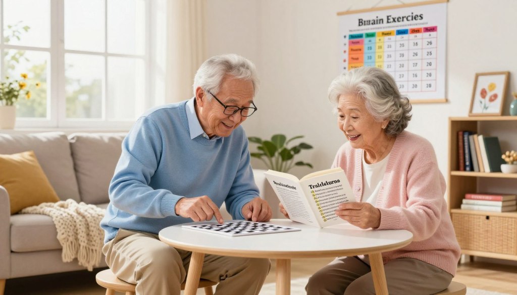 A cozy and sunlit living room, with a senior couple engaging in brain activities at a small table. The man, dressed in a light blue sweater and khakis, thoughtfully studies a crossword puzzle, while the woman, in a pastel cardigan, is reading from a book of trivia questions. Nearby, a colorful chart on the wall displays suggested brain exercises based on energy levels, outlining a flexible schedule. Bright, warm light filters through a window, creating a welcoming atmosphere. In the background, a soft couch with knitted blankets and a small bookshelf filled with books enhances the homely setting. The composition should evoke feelings of warmth, encouragement, and the importance of maintaining mental agility in later years. Focus on capturing the joyful engagement of the couple enjoying their brain exercises together.