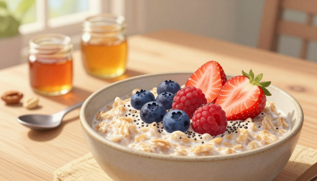 A cozy breakfast scene featuring a bowl of berry oatmeal topped with chia seeds. In the foreground, the oatmeal is creamy and inviting, with vibrant blueberries, raspberries, and sliced strawberries artfully arranged on top, creating a beautiful contrast against the warm oatmeal. The bowl is rustic ceramic, resting on a light wooden table. In the middle ground, a spoon lies next to the bowl, and small jars of honey and nuts are placed nearby for garnish. The background softly blurs, revealing hints of greenery and morning light streaming in through a window, casting a warm glow over the scene. The overall mood is inviting and wholesome, perfect for energizing a heart-healthy morning. Use soft, natural lighting to enhance the colors and textures, with a shallow depth of field to focus on the oatmeal.