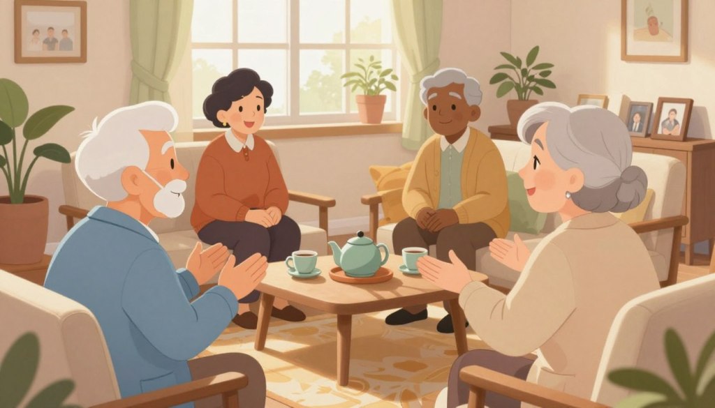 A cozy gathering of diverse seniors in a warm, inviting living room setting, engaging in a thoughtful discussion. In the foreground, two seniors—one man in a light blue blazer and one woman in a beige cardigan—are animatedly sharing ideas, with warm smiles and open body language. In the middle, a small coffee table adorned with a teapot and cups symbolizes comfort and warmth, surrounded by tasteful decorations such as potted plants and framed family photos. In the background, a large window allows soft natural light to fill the room, creating a serene atmosphere with light streaming in. The mood is calm, respectful, and meaningful, reflecting an environment where conversation starters about current events are encouraged without contention. The angle is slightly elevated, capturing both the interaction and the cozy ambiance of the space.