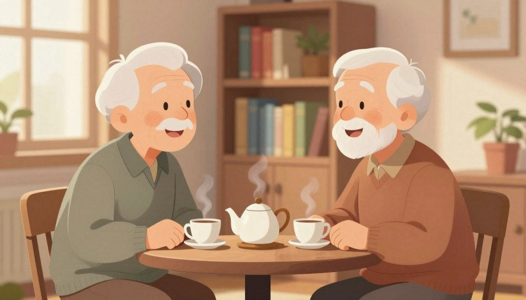A cozy indoor setting featuring two elderly individuals seated at a small table, engaged in a meaningful conversation. The foreground showcases their warm smiles and expressive faces, highlighting the joy of connection. The middle ground features a teapot and two steaming cups, symbolizing comfort and companionship. In the background, softly blurred bookshelves filled with colorful books and a potted plant add a sense of serenity to the atmosphere. Warm, natural lighting filters through a nearby window, casting gentle shadows that enhance the intimate mood of the scene. The elderly individuals are dressed in modest casual clothing, conveying a sense of approachability and warmth, emphasizing the importance of meaningful conversations for mental health as we age.