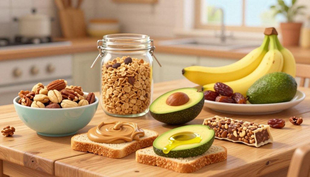 A cozy, inviting kitchen setting filled with a variety of high-calorie snacks on a rustic wooden table. In the foreground, there are bowls of mixed nuts, creamy peanut butter on whole grain toast, slices of avocado drizzled with olive oil, and energy bars, all artfully arranged to appear appetizing. In the middle ground, a jar of granola and a fruit platter featuring bananas, dates, and avocados are also visible. The background includes warm, soft lighting from a window, creating a homey atmosphere. The scene captures an inviting and friendly mood, perfect for seniors looking for nutritious snack ideas. The image should be bright and cheerful, with a shallow depth of field to draw focus to the snacks.