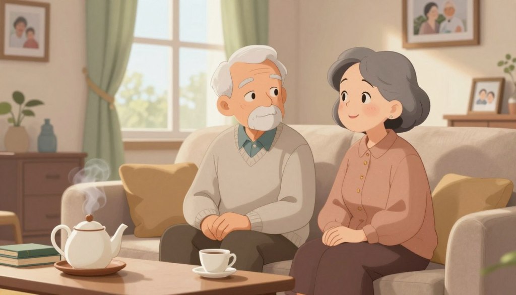 A cozy, inviting living room scene depicting an elderly man and woman engaging in deep conversation. They are seated on a comfortable sofa, the man dressed in a neat, light sweater and the woman in a modest blouse. Their expressions convey warmth and attentiveness, with subtle smiles that suggest understanding and connection. In the foreground, a small coffee table with a steaming teapot and two cups, and a few books resting nearby, hint at shared interests. The background features a softly lit room with large windows, letting in natural light, and framed family photos on the walls. The overall atmosphere is serene and reflective, embodying themes of wisdom, faith, and life lessons. The lens angle is slightly tilted to capture details of their expressions while creating depth in the space. A cozy, inviting living room scene depicting an elderly man and woman engaging in deep conversation. They are seated on a comfortable sofa, the man dressed in a neat, light sweater and the woman in a modest blouse. Their expressions convey warmth and attentiveness, with subtle smiles that suggest understanding and connection. In the foreground, a small coffee table with a steaming teapot and two cups, and a few books resting nearby, hint at shared interests. The background features a softly lit room with large windows, letting in natural light, and framed family photos on the walls. The overall atmosphere is serene and reflective, embodying themes of wisdom, faith, and life lessons. The lens angle is slightly tilted to capture details of their expressions while creating depth in the space.