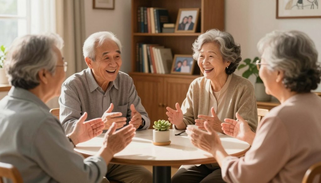 A cozy, inviting scene featuring a small round table set in a warmly lit room, surrounded by four older adults engaged in a lively conversation. In the foreground, a close-up of their hands gesturing animatedly, creating a sense of connection and storytelling. The middle composition includes the smiling faces of two men and two women, dressed in casual yet neat attire, conveying joy and laughter as they share stories. The background showcases a bookshelf filled with books and a few family photos, enhancing the warm, nostalgic atmosphere. The lighting is soft and natural, creating an inviting mood, as if bathed in afternoon sunlight, encouraging connections and engaging discussions among friends.