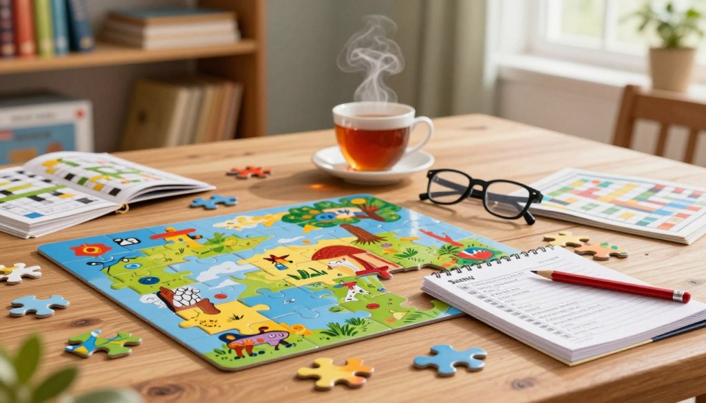 A cozy, inviting scene showcasing a wooden table covered with an assortment of colorful puzzles and crosswords. In the foreground, a partially completed jigsaw puzzle with vibrant, detailed pieces scattered around, alongside a crossword booklet filled with written clues and a red pencil. In the middle, a steaming cup of tea sits next to a pair of reading glasses, implying a relaxed, contemplative atmosphere. In the background, softly blurred shelves filled with books and board games create a warm, home-like feel infused with natural light filtering through a nearby window, casting gentle shadows. The overall mood is encouraging and stimulating, promoting the joy of engaging in classic brain games for older adults without any distractions or clutter.
