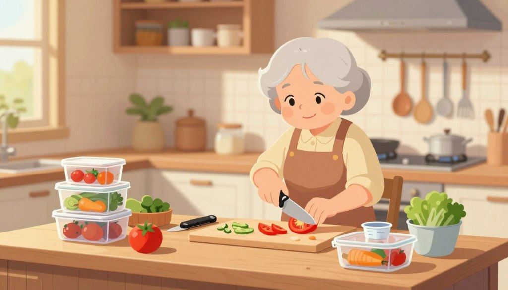 A cozy kitchen scene designed for senior-friendly meal prep. In the foreground, a clean wooden countertop displays an assortment of colorful, prepped vegetables in clear, labeled containers, highlighting an organized setup. In the middle, an elderly woman wearing comfortable, modest casual clothing carefully slices tomatoes, surrounded by helpful kitchen tools like a sturdy cutting board, easy-grip knife, and measuring cups. The background shows an inviting kitchen filled with soft, warm lighting, showcasing a well-maintained pantry and hanging utensils for easy access. The overall atmosphere is friendly and practical, emphasizing safety and simplicity in meal preparation for seniors. The image should evoke a sense of warmth, ease, and functionality without any text or clutter.
