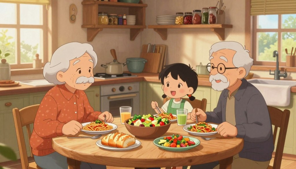 A cozy kitchen scene featuring a dining table set for a family meal, with an assortment of vibrant, homemade dishes like spaghetti, a colorful salad, and fresh baked bread. In the foreground, an elderly grandparent and a child are engaged in conversation, both wearing casual, warm clothing. The middle background shows a rustic kitchen filled with warm wooden shelves, spices, and cookbooks, evoking a sense of intimacy and heritage. Soft, natural light washes in through a window, casting gentle shadows. The atmosphere is warm and inviting, emphasizing connection and togetherness, inviting viewers to feel the warmth of family discussions over food. The composition focuses on warmth, love, and the joy of sharing meals.