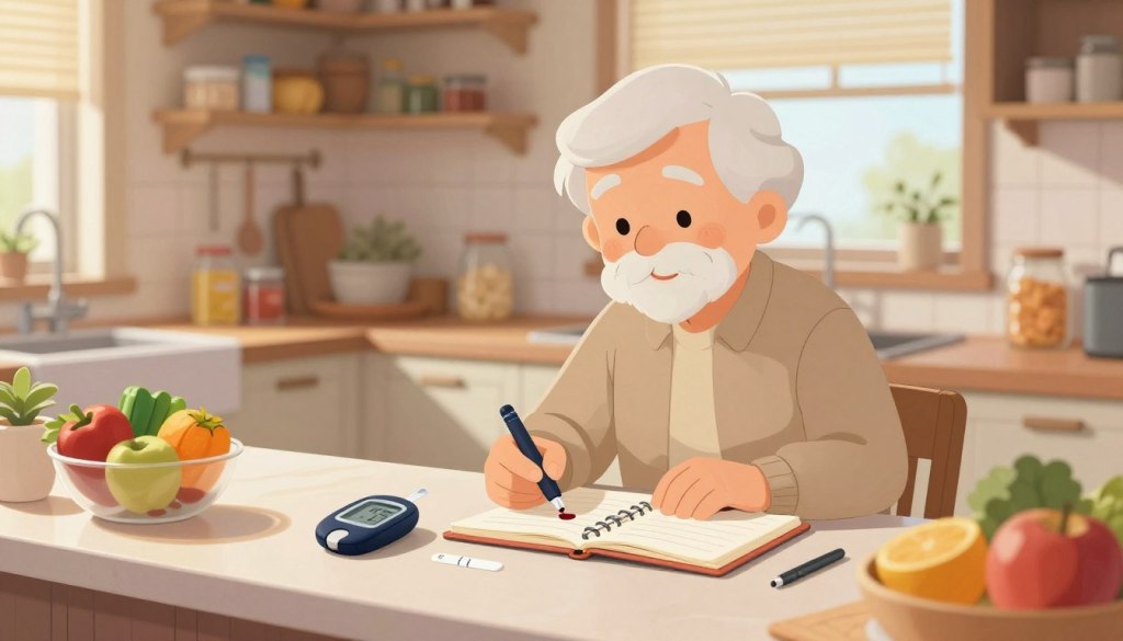 A cozy kitchen scene featuring a senior adult engaged in a daily blood sugar monitoring routine. In the foreground, a well-organized countertop displays a glucometer with a small blood sample on a test strip, a fresh food journal, and a bowl of colorful fruits and vegetables. The middle ground showcases the senior, dressed in modest, casual clothing, focused on taking notes while smiling with satisfaction. The background reveals kitchen shelves stocked with diabetes-friendly ingredients and a window that lets in warm, natural light, creating an inviting atmosphere. The image captures a sense of empowerment and positivity in diabetes management. Use soft lighting and a slightly blurred background for depth, with a camera angle that highlights both the senior and the organized layout of the kitchen.