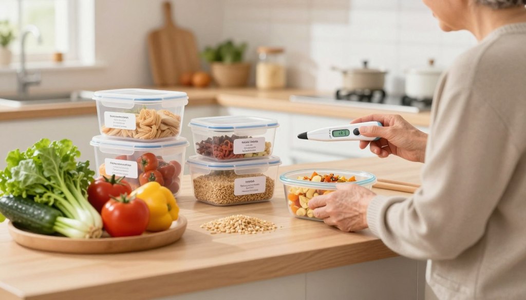 A cozy kitchen scene featuring a well-organized countertop with various fresh ingredients like vegetables, fruits, and grains neatly arranged. In the foreground, a pair of hands in modest casual clothing, perhaps a senior adult, are checking the temperature of a dish with a food thermometer. In the middle, there are food storage containers labeled with tags, showing clear organization and safety tips. The background reveals a clean and bright kitchen, with soft natural lighting coming through a window, creating a welcoming atmosphere. The mood should feel reassuring and informative, highlighting the importance of food safety and proper storage for older adults, with a focus on practicality and ease.