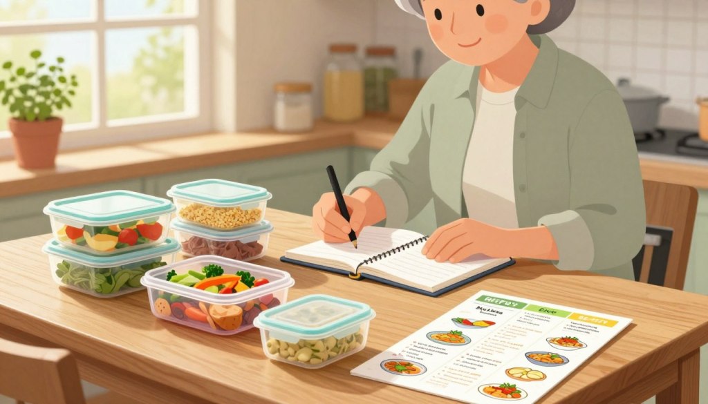 A cozy kitchen scene featuring a well-organized weekly meal planning station. In the foreground, a wooden table is adorned with colorful, neatly arranged meal prep containers filled with fresh vegetables, grains, and proteins. A set of vibrant recipe cards is placed beside the containers, showing easy-to-follow meal ideas. In the middle, a person in modest casual clothing, perhaps a senior, is thoughtfully writing down meal plans in a notebook, with a warm smile. In the background, a sunlit kitchen window allows soft, natural light to illuminate the space, casting a welcoming glow on a potted herb garden by the sill. The atmosphere is friendly and inviting, ideal for seniors engaging in meal prep.
